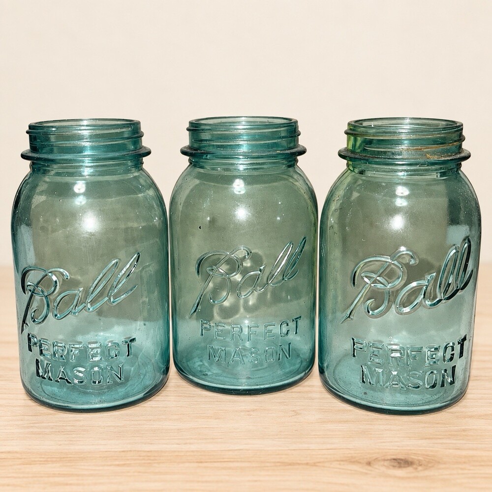 Vintage Ball Perfect Mason Aqua Blue Canning Jars Lot of 3 No Lids